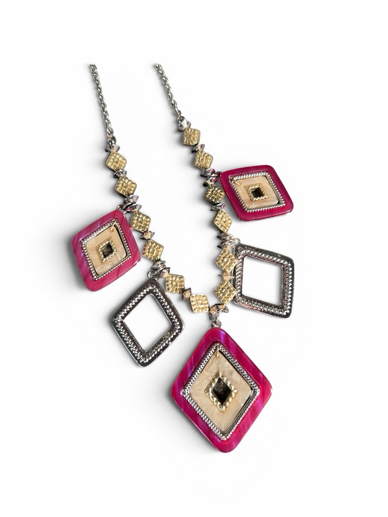 Chico's Fuchsia And Gold Geometric Pendant Necklace